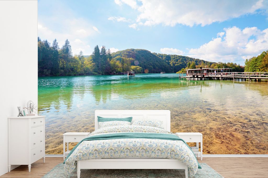 MuchoWow Fototapete für Wohnzimmer oder Schlafzimmer Wandtapete Vinyl Motivtapete Sonniger Tag im Nationalpark der Plitvicer Seen in Kroatien - ...
