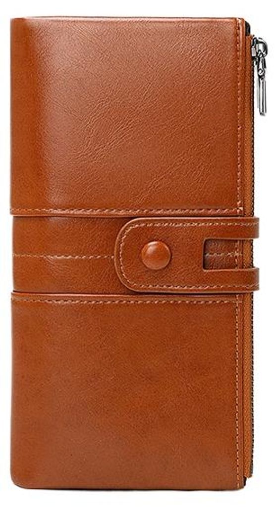 RFID Damen Geldbörse Lang, Vintage Portemonnaie aus Oil-Wax-Leder, Doppelreißverschluss Geldbeutel, Clutch für Damen,Brown