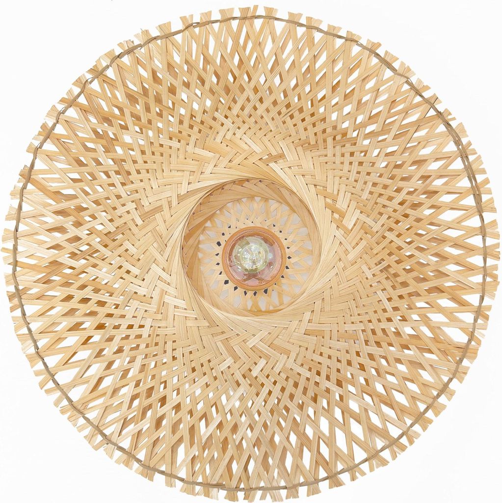 A top-down view of a round, woven bamboo lamp shade with a spiral pattern.