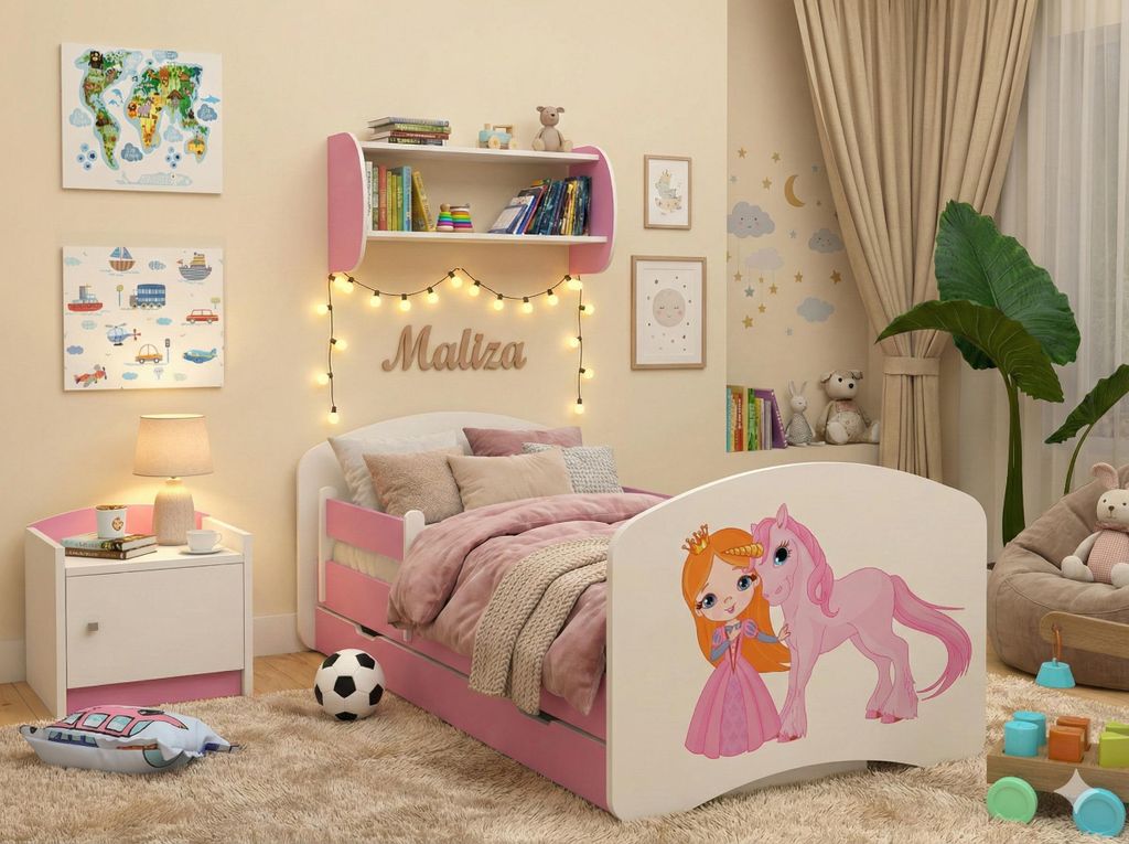 Happy Babies Kinderbett Happy Kinderbett mit Rausfallschutz und Bettschublade Bett für Mädchen 160x80 mit Matratze Weiß Rose Bett Prinzessin