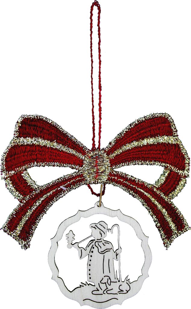Baumbehang Schleife Rot/Gold, 10 cm, 6 Stück, Plauener Spitze gepaart mit erzgeb. Holzkunst, Hirte