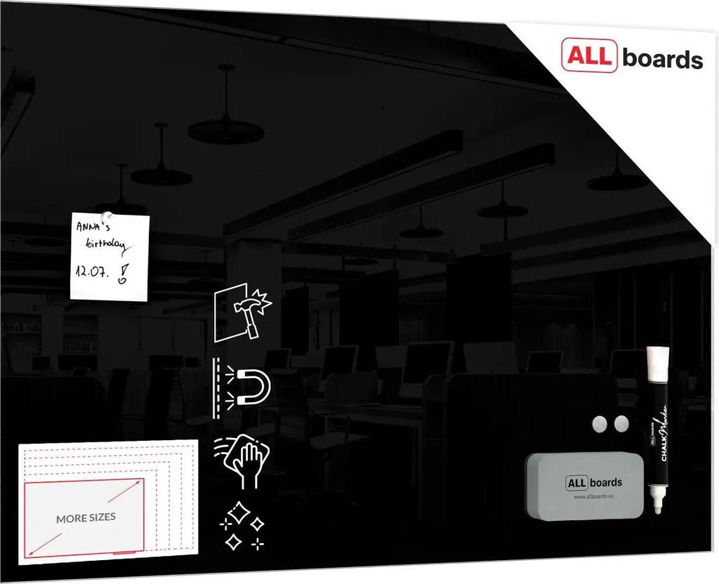 Lavagna in vetro nera magnetica 90x60 cm CLASSIC + GRATIS Immagine del prodotto 