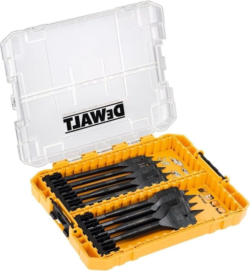 A set of DeWalt spade drill bits in a yellow and clear plastic case.