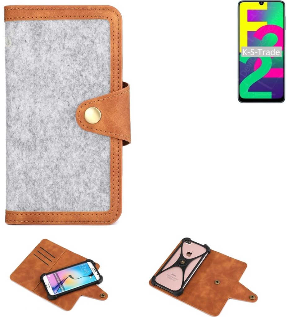 K-S-Trade Handyhülle kompatibel mit Samsung Galaxy F22 Schutzhülle Filz-Hülle Kunst-Leder hellgrau braun (1x)