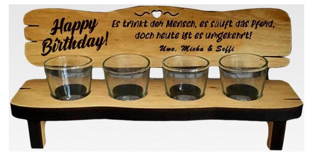 4er Schnapsbank mit Gläsern als Geburtstagsgeschenk mit Spruch und Namensgravuren