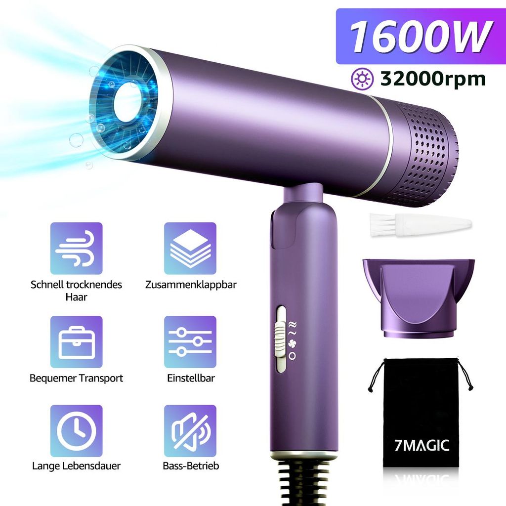 7 Magic Föhn Fön mit einzigartigem 32,000RPM Bürstenlosem Geräuscharm Motor, 1600W Luftstrom für Schnelle Trocknung, Innovativer Mikrofilter(L...