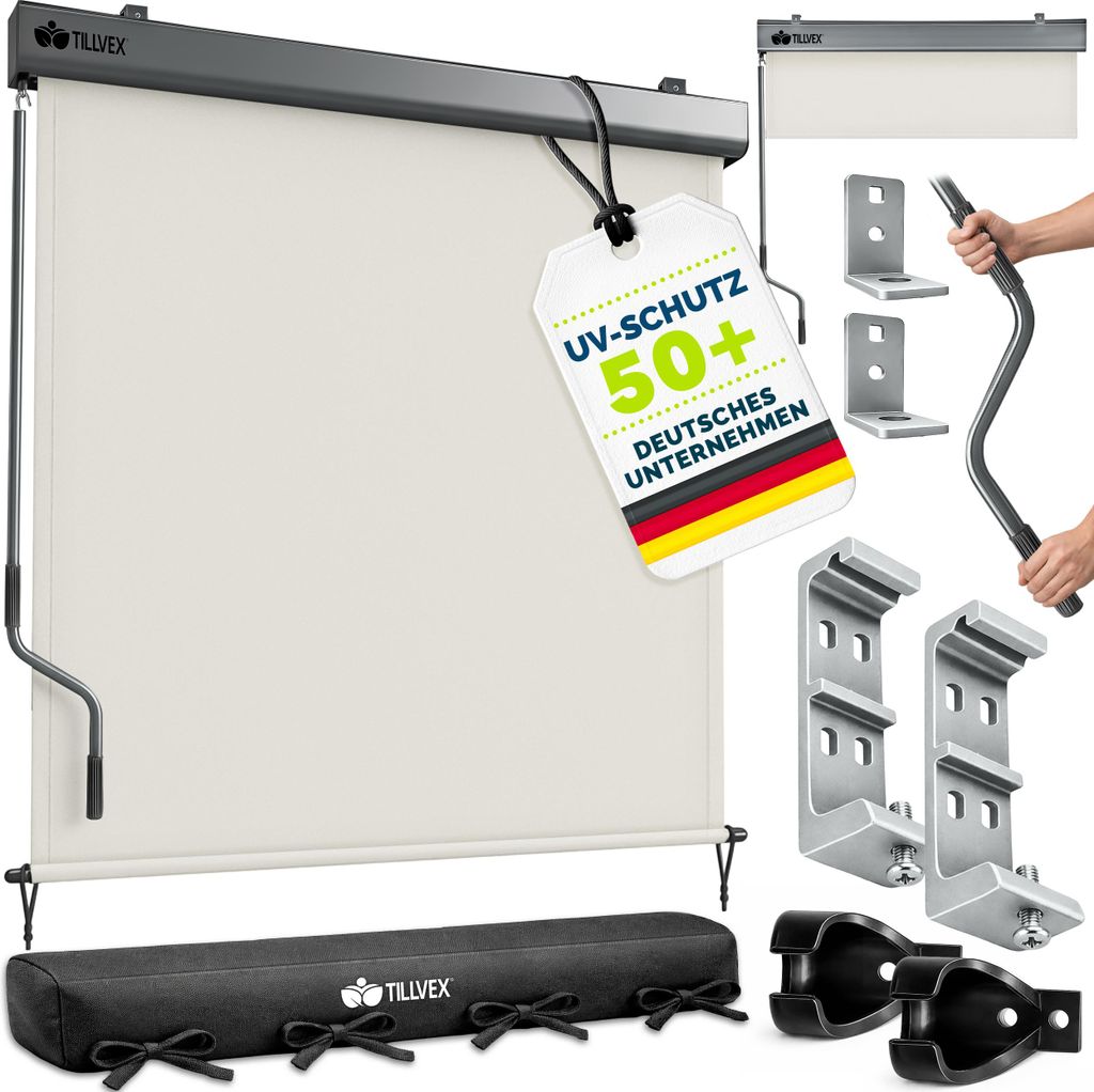 tillvex Senkrechtmarkise 180x250 cm Beige für Außen- und Innenbereich | Außenrollo wasserfest mit Handkurbel für Balkon, Terrasse & Garten | ...