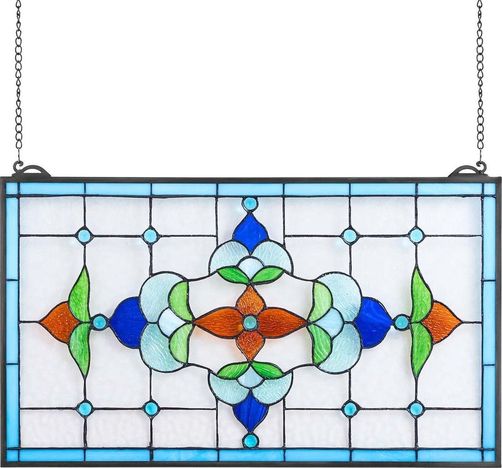 Stained Glass Window Panel, 664 x 402 mm, Tiffany Style Hanging Transom Window Panel with Chain, Large Horizontal Rectangle Stain Glass, Vintage Tr...