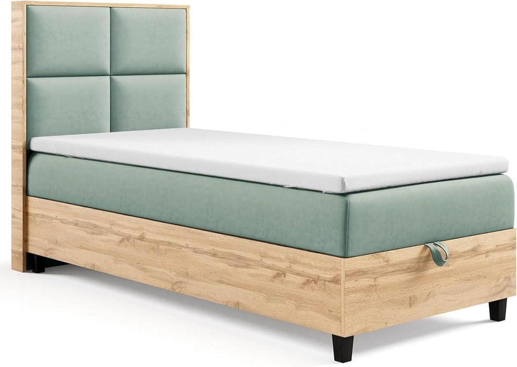 Trinity K-2 Einzelbett 90x200 Mintgrün| Boxspringbett mit Bettkasten | Bonellfederkern & Topper | Polsterbett mit Kopfteil | Lieferung Bordsteinkante