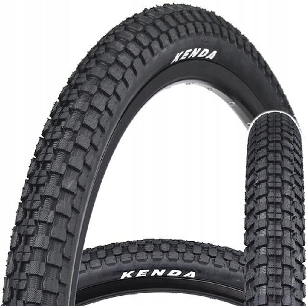 Two bicycle tires are shown, one in the foreground and one behind it.