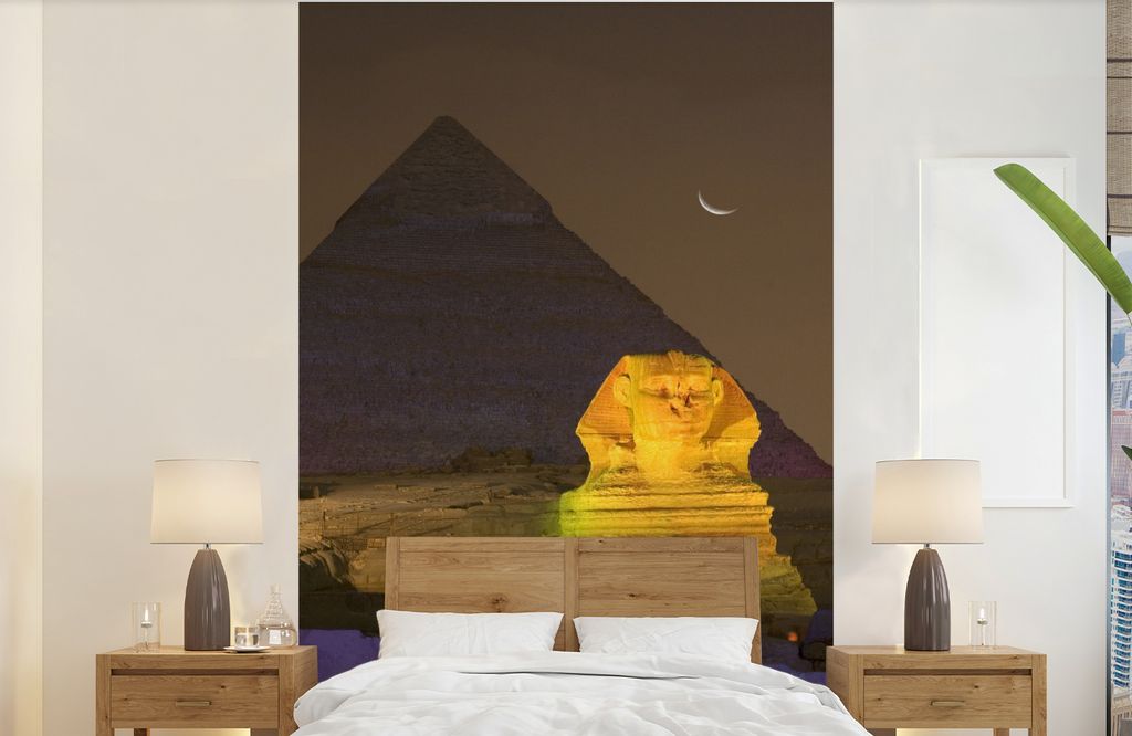 MuchoWow Fototapete für Wohnzimmer oder Schlafzimmer Wandtapete Vinyl Motivtapete Kleiner Mond an der Sphinx von Gizeh bei Nacht in Ägypten - 1...