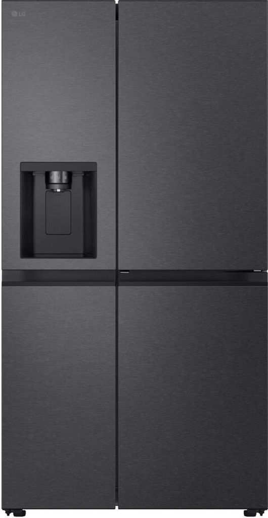 A dark gray LG refrigerator with a water dispenser on the left door.