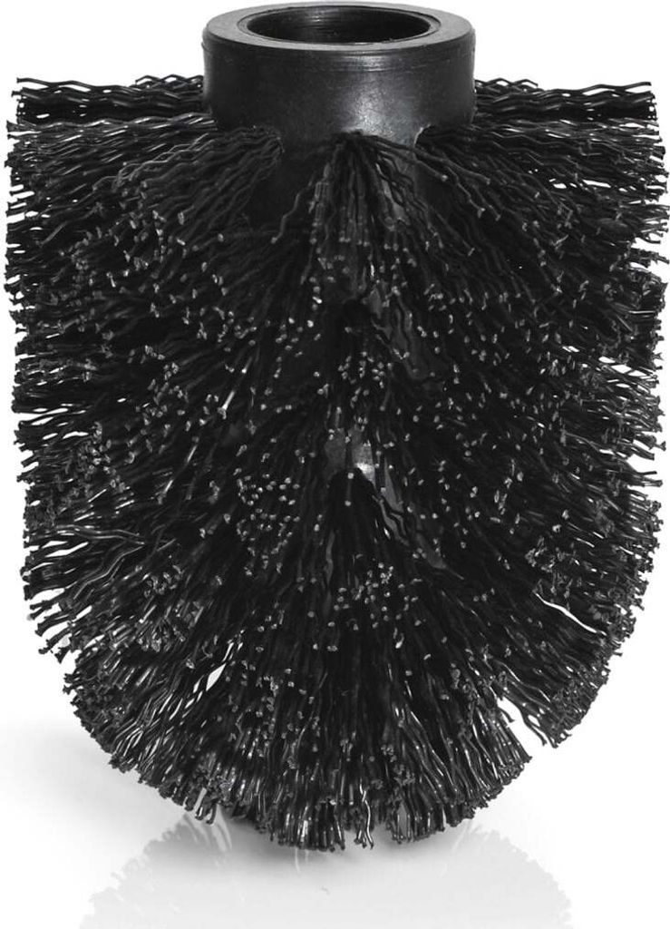 A close-up studio shot of a black toilet brush head.