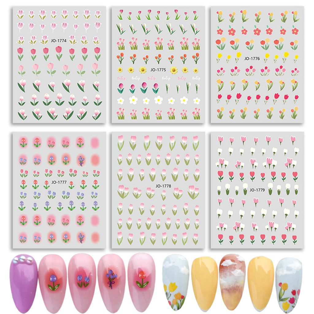 6 Bögen Tulpenblumen Nagelaufkleber, 3D selbstklebende Nagelaufkleber French Hollow Nail Art Design Maniküre DIY Nageldekoration für Acrylnägel