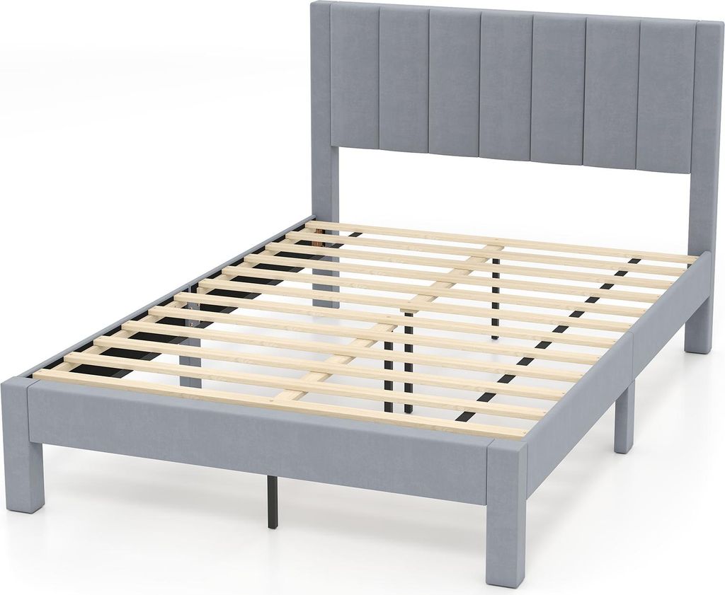 COSTWAY Bettgestell für 200x140cm Matratze, gepolstertes Doppelbettgestell, Plattformbett mit Kopfteil, Lattenrost & Fußpolster, Grau, Modell I, M