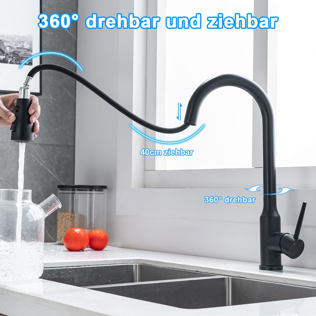 Schwarze Küchenarmatur Mit Ausziehbarem Sprühkopf – 3 Modi, Hoher Bogen, Edelstahl