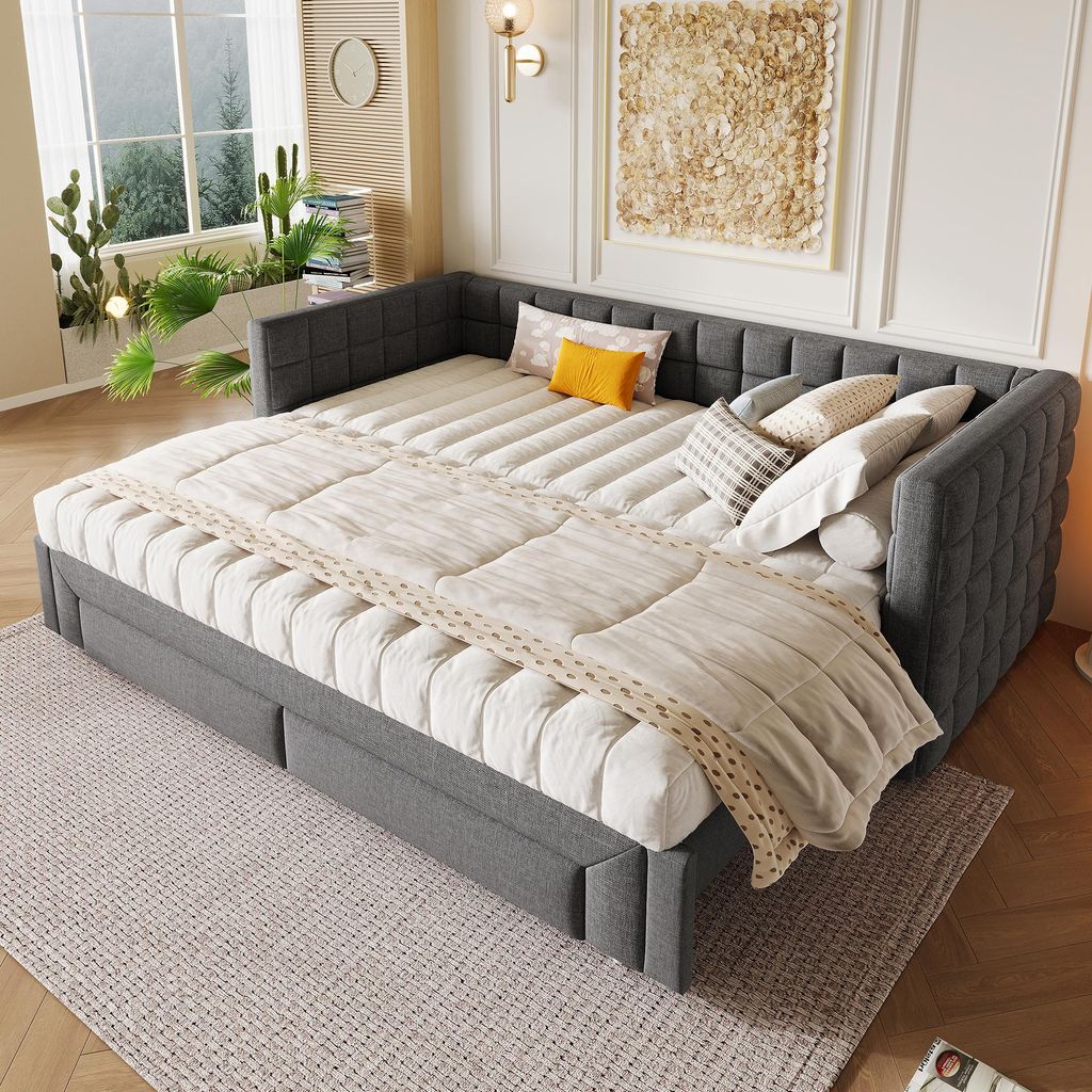 Merax Tagesbett Daybett 90x200 cm, mit Ausziehbett 90x200 cm, 2 Schubladen, Quadratisches Muster, Schlafsofa, Kinderbett, polsterbetten, Samt, Grau