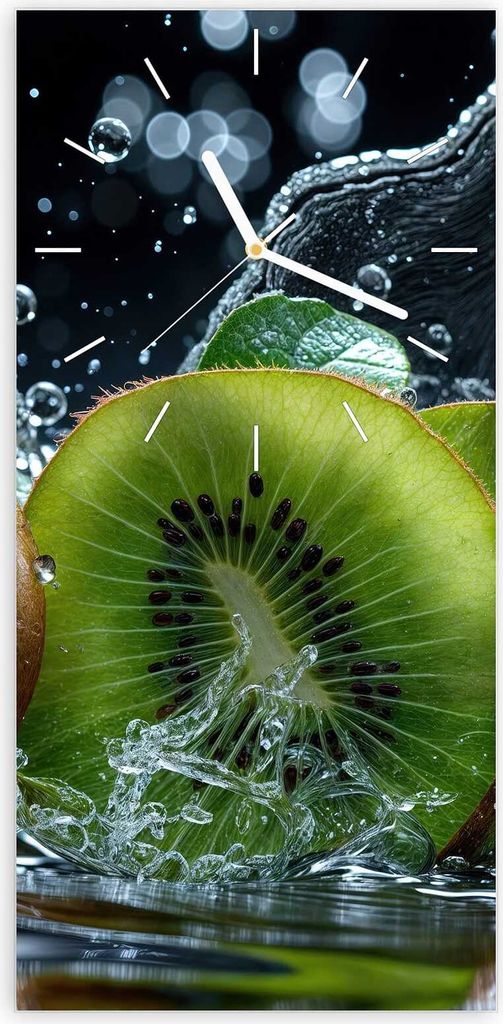 Wanduhr aus Glas mit Motiv Kiwi und Wasser- 30 x 60 cm - inkl. Aufhängesystem
