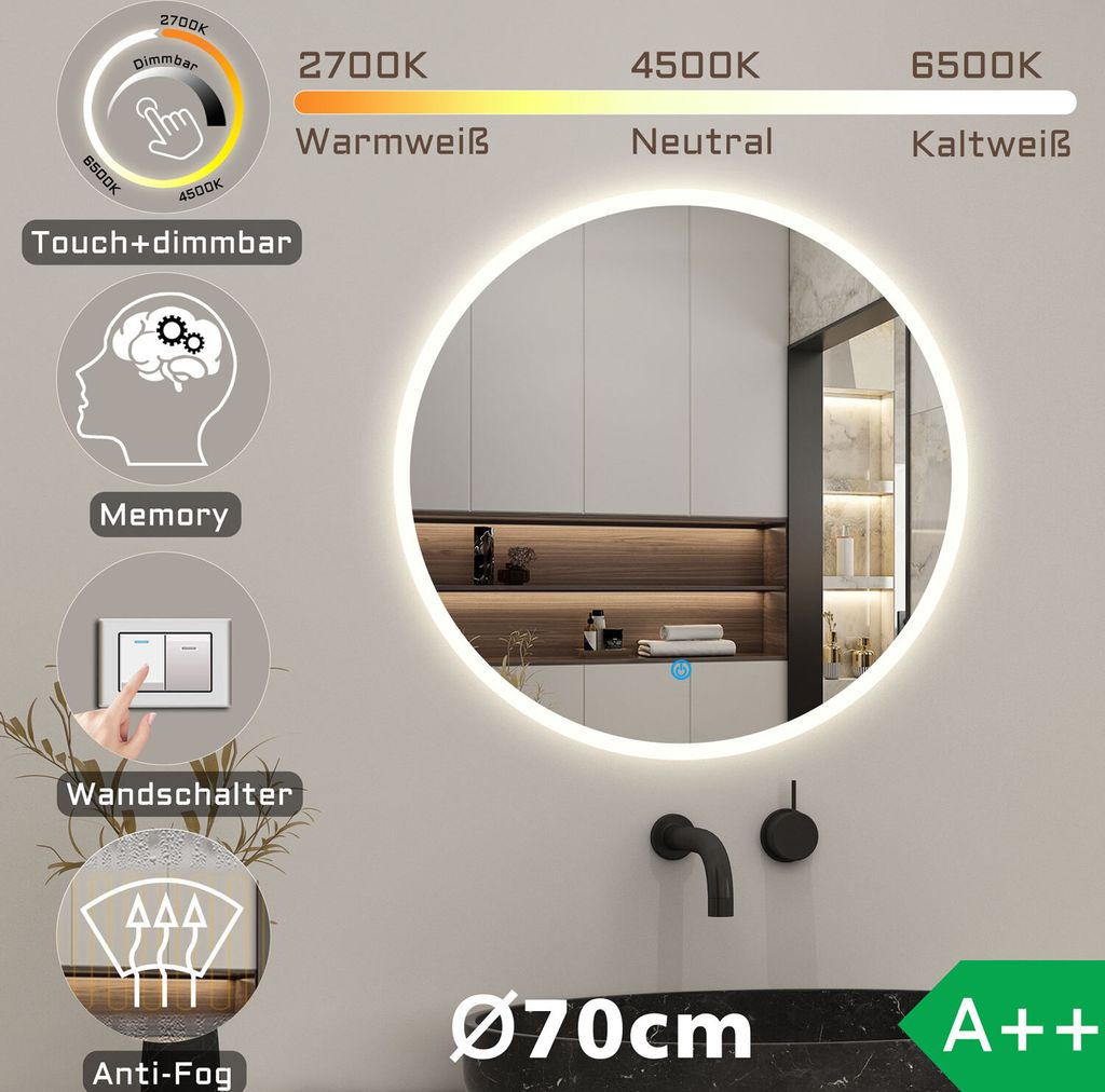 LED Spiegel Rund 70cm 3in1 Warm/Neutral/Kaltweiß Dimmbar Produktbild 1