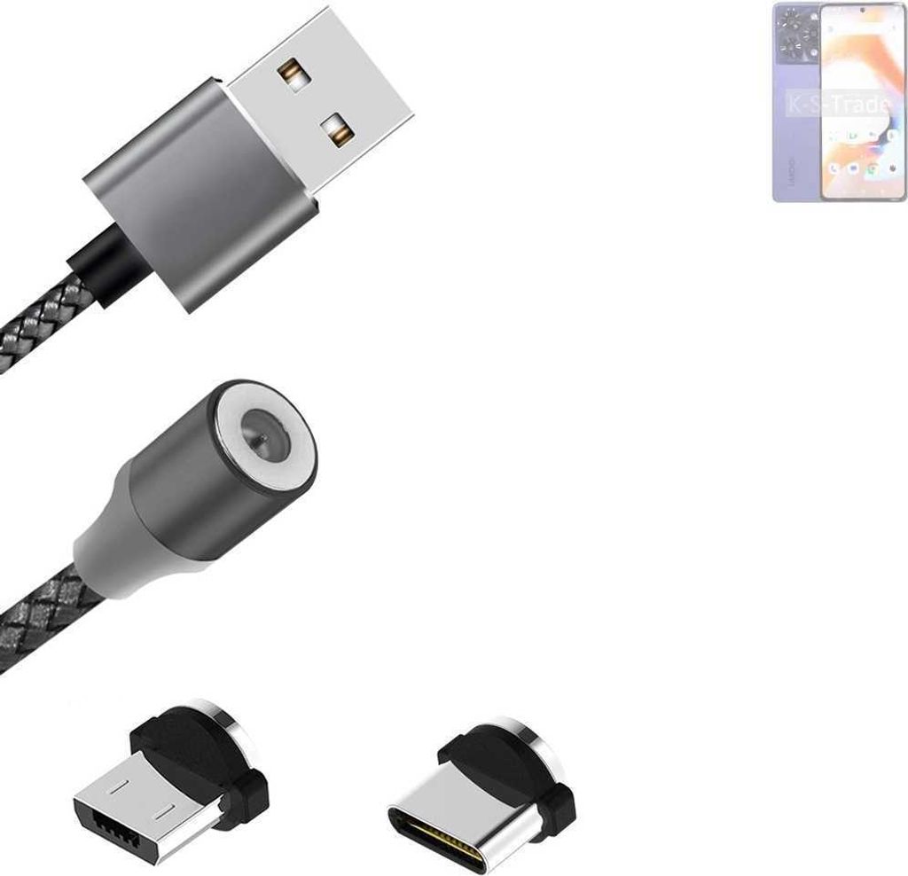 K-S-Trade Hochwertiges Magnet-Lade-kabel Sync-Kabel Daten-Kabel für UMIDIGI A15 Pro 5G mit USB-Typ-C-Anschluss und Micro-USB-Anschluss 2A bis zu