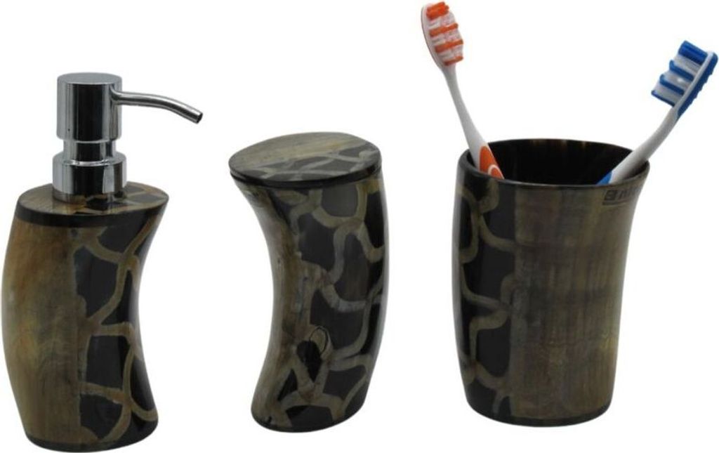 3tlg Set Bad Accessoires Zahnbürstenhalter Seifenspender Dose natürliches Horn Handarbeit Elena