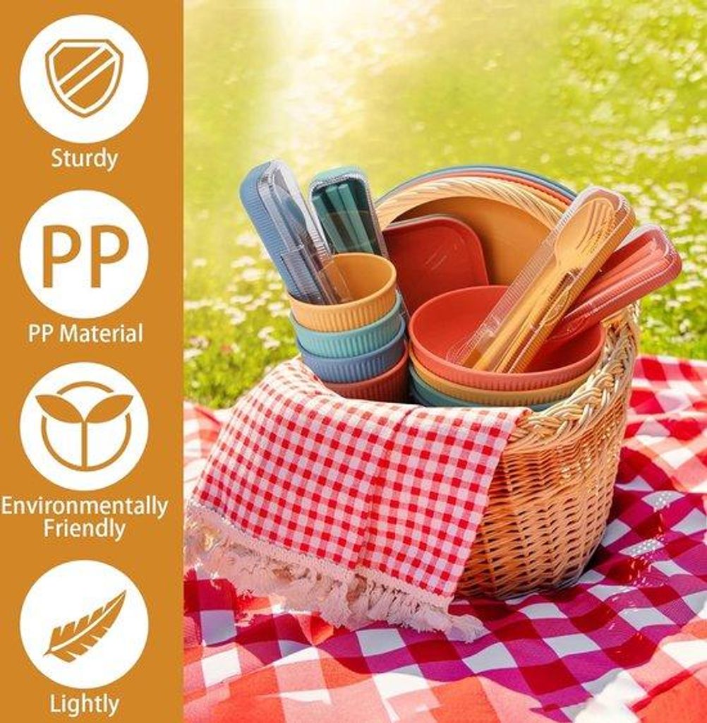 48-teilige Camping-Servietten-Set, BPA-frei, für 4 Personen, Plastik, Kinder- und Erwachsenenservietten, Teller, Dessertteller, Tassen, Becher, Be...