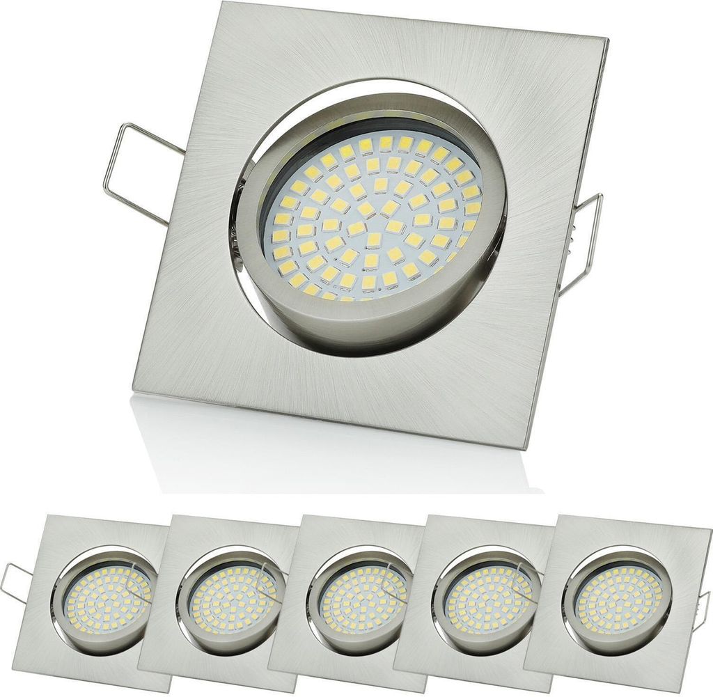 LED Einbaustrahler 6er Pack Flach Chrom gebürstet Eckig Dimmbar 5W warmweiß