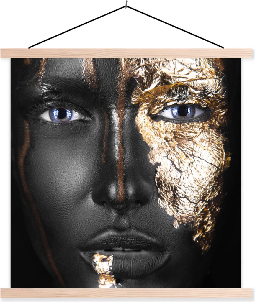 MuchoWow Textilposter Frau - Blattgold - Schwarz - Gold - Luxus 60x60 cm mit holzfarbenen Rahmen - Wanddekoration
