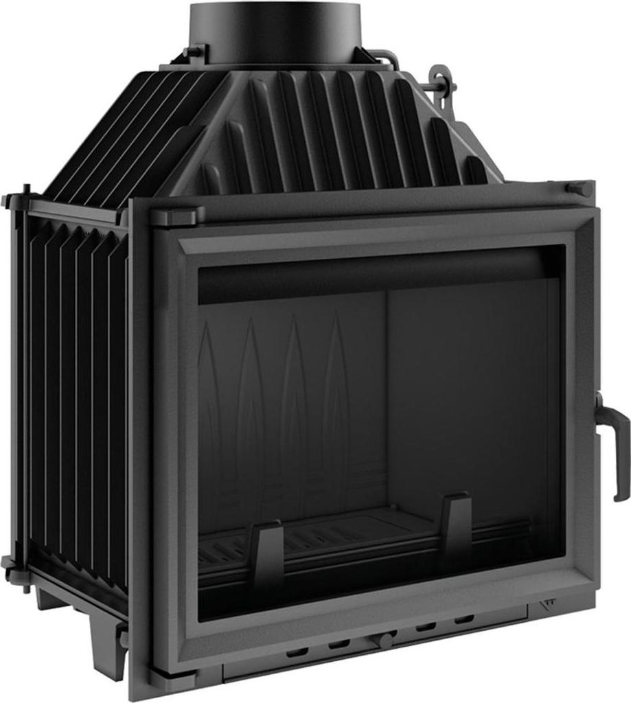 A black cast iron fireplace insert is shown against a white background.