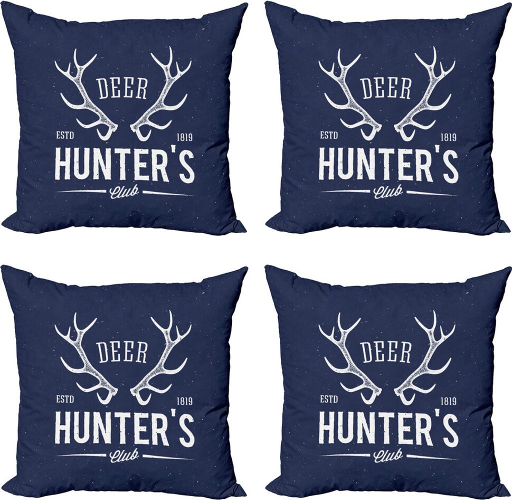 ABAKUHAUS Jagd Kissenbezug Set (4 Stück), Deer Hunter-Club, Moderner Doppelseitiger Digitaldruck, 40 cm x 40 cm, Marine-Blau-Weiß
