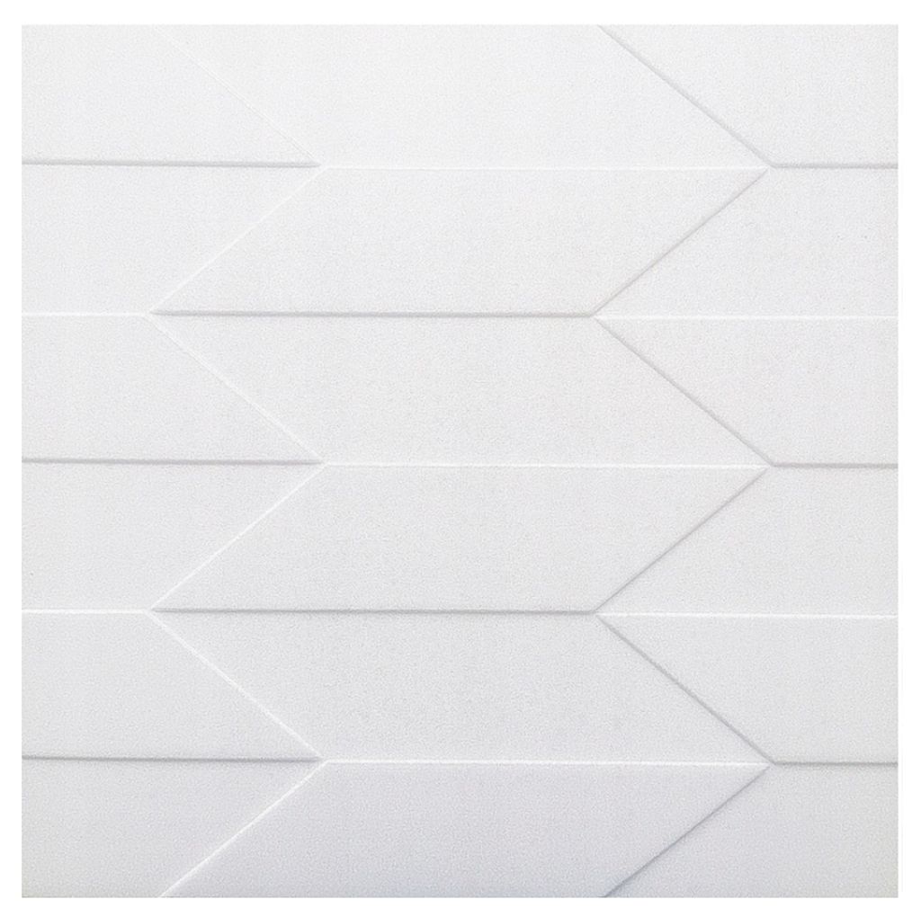 A close-up, full-frame shot of a white 3D wall panel with a geometric chevron pattern.