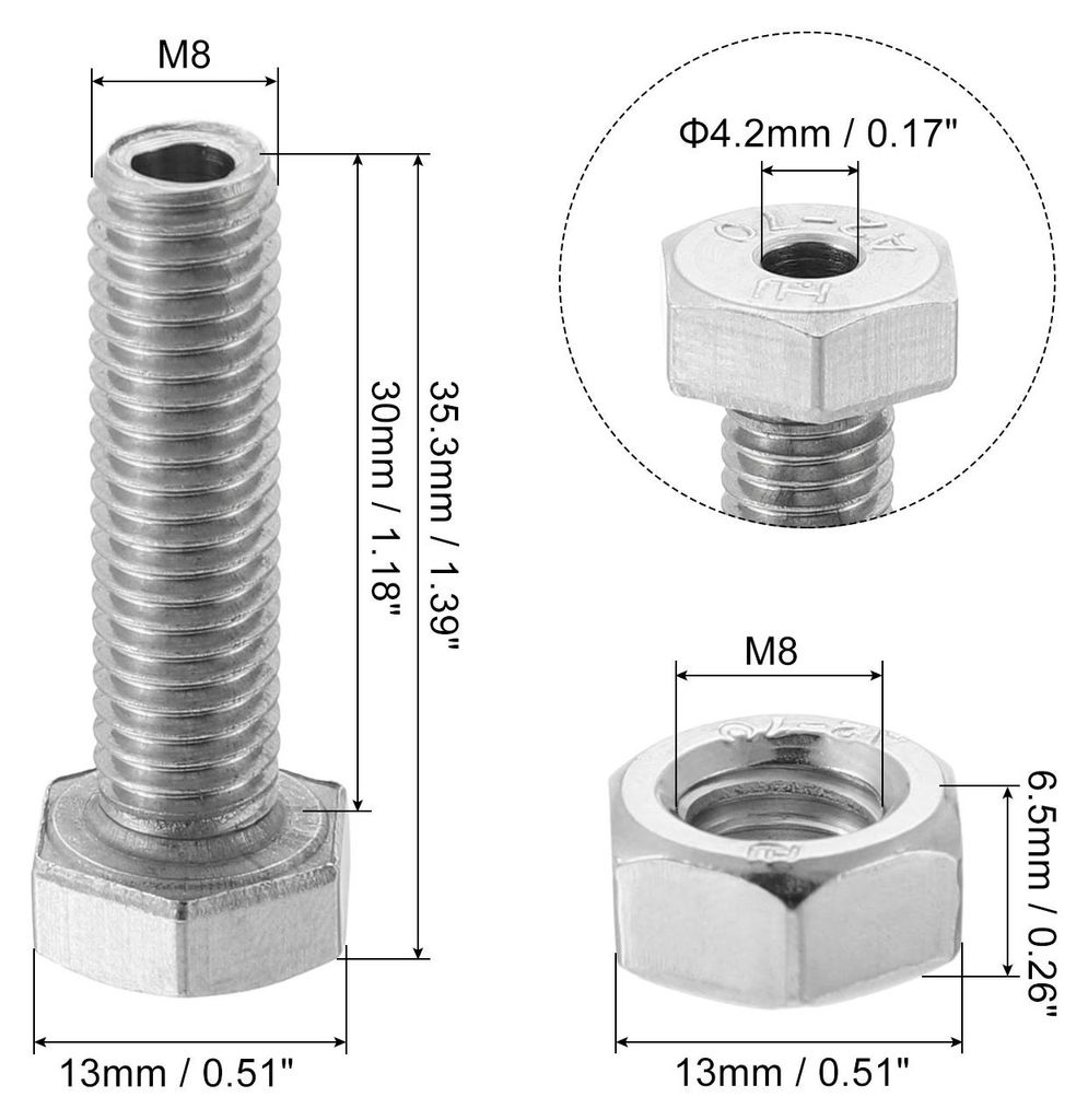 Packung mit 5 M8x30mm Hohle Schraubbolzen Verschlš¹sse mit Muttern 304 Edelstahl