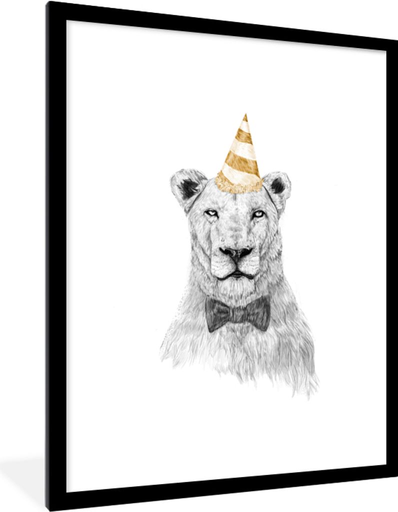 MuchoWow Gerahmtes Poster Löwe - Schleife - Party - Hut 60x80 cm - Poster mit Schwarzem Bilderrahmen Wandposter Rahmen Foto Bilder - Wohnzimmer ...