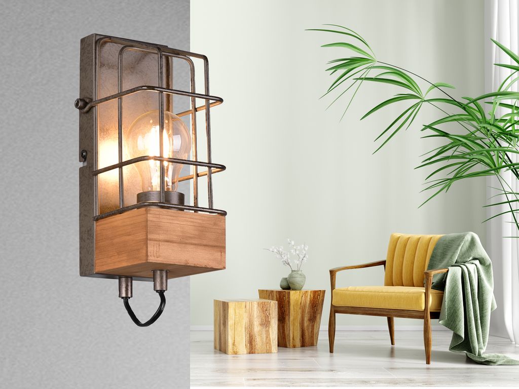 1-flammige Industrial Gitter Wandleuchte mit Holz für Produktbild 