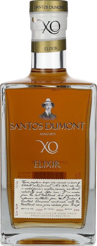 A bottle of Santos Dumont XO Elixir rum on a white background.