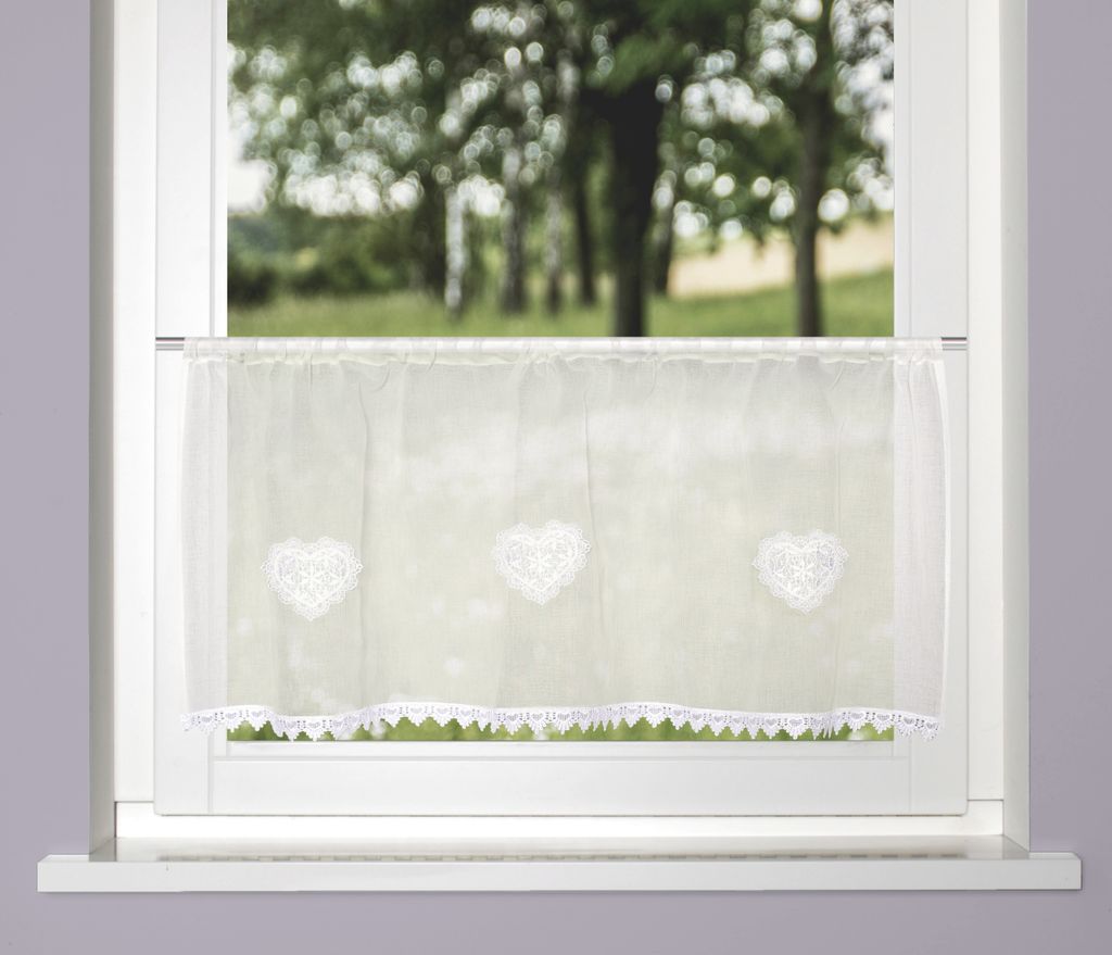 Scheibengardine NISHAY, 45x145 cm, transparente Leinenstruktur, Herzen