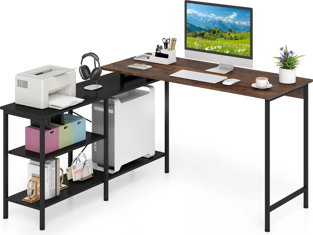 Offerta Scrivania Angolare COSTWAY - Tavolo PC con 2 Scaffali Marrone
