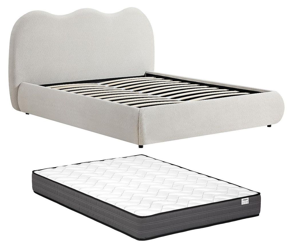 Bett mit Bettkasten 180 x 200 cm – Strukturstoff – Beige + Matratze – OBALESA