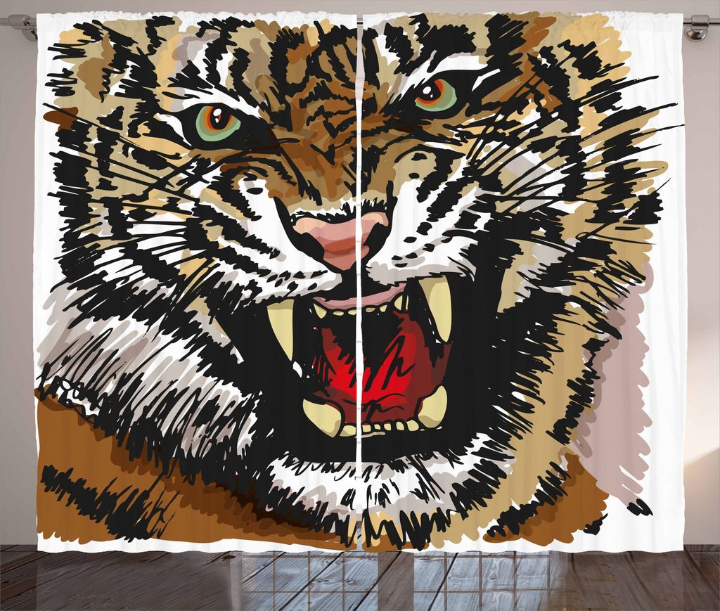 ABAKUHAUS Tiger Rustikaler Vorhang, Verärgerte Augen Skizze-Kunst, Wohnzimmer Universalband Gardinen mit Schlaufen und Haken, 280 x 175 cm, Mehrfa...