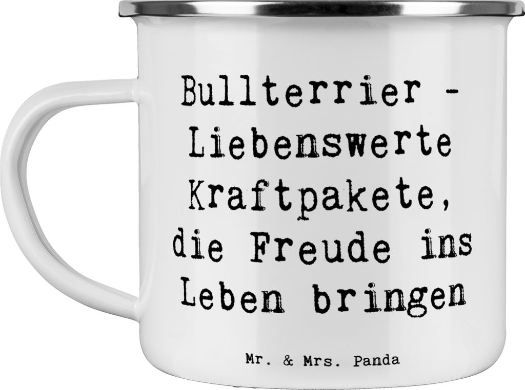 Mr. & Mrs. Panda Emaille Tasse Spruch Bullterrier Kraftpaket - Weiß - Geschenk, becher, Pott, Wärme, Hunderassen, Beschreibung, blechbecher, Hund...