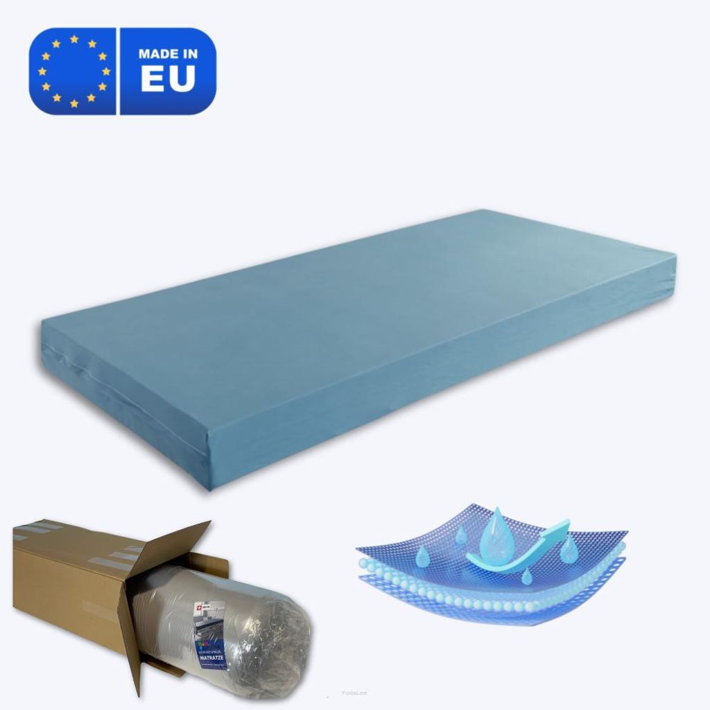 A blue mattress is shown on a white background, with a box and a diagram of waterproof material in the lower corners.