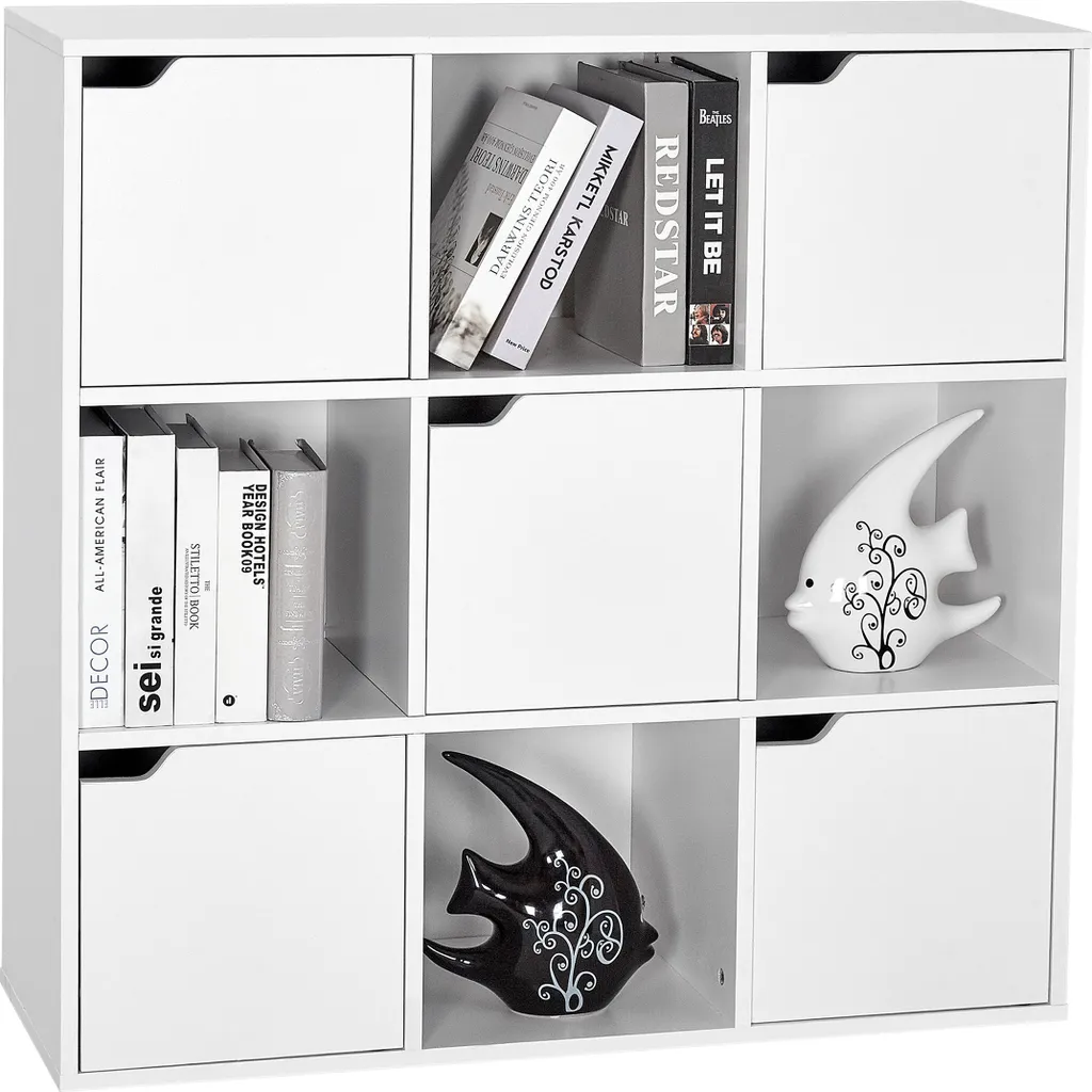 Mondeer Bibliothèque 9 compartiments 5 portes meuble de rangement blanc