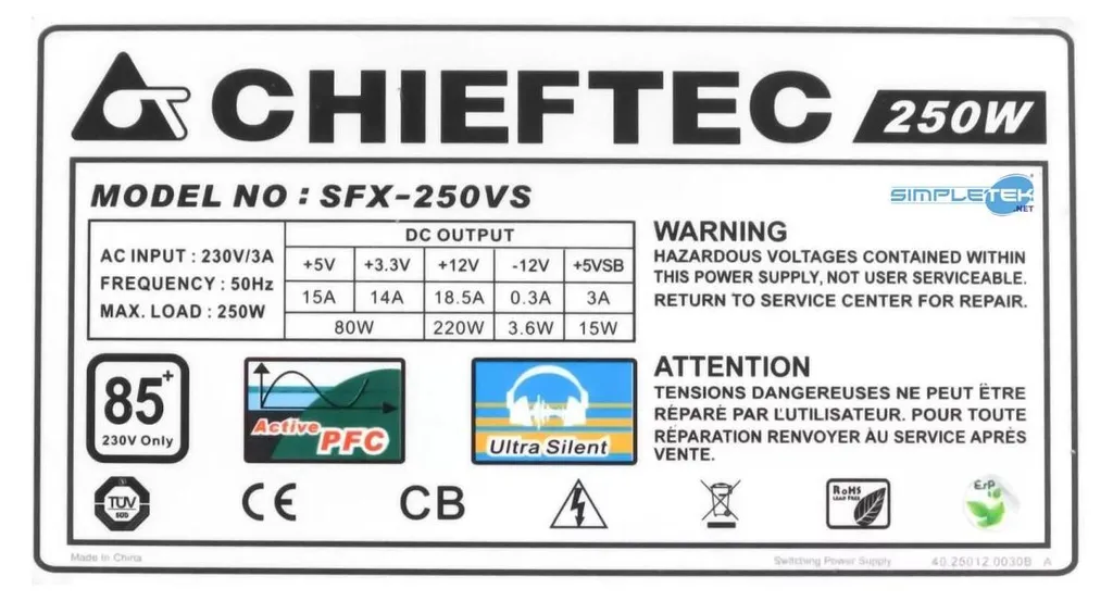 Bloc d'Alimentation Interne SFX 250W Chieftec pour PC Format Mini-ITX SFF - 7