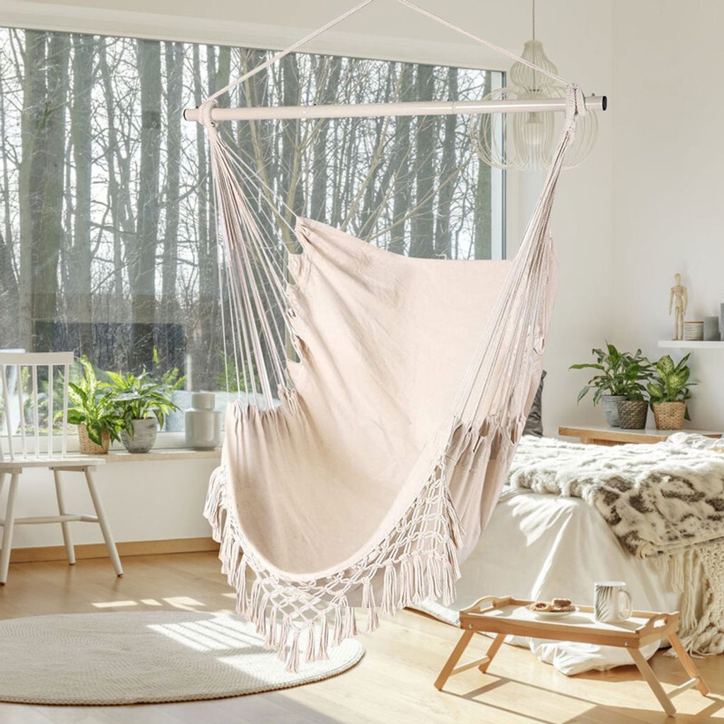 (Bílá) Houpací síť se střapci, relaxační závěsné křeslo, Obrázek produktu 6