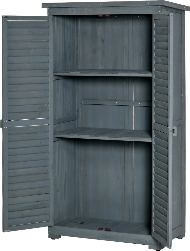 Grauer Gartenschrank aus Holz mit Pultdach und Lamellentüren, 87x46,5x160cm, Gerätehaus mit Bitumenpappe