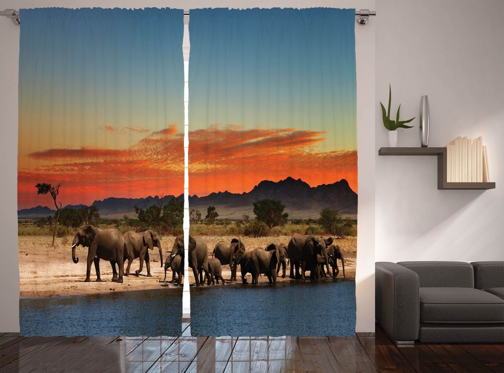 ABAKUHAUS Elefant Rustikaler Gardine, Afrika Safari Wildlife, Schlafzimmer Kräuselband Vorhang mit Schlaufen und Haken, 280 x 225 cm, Hellblau Ora...