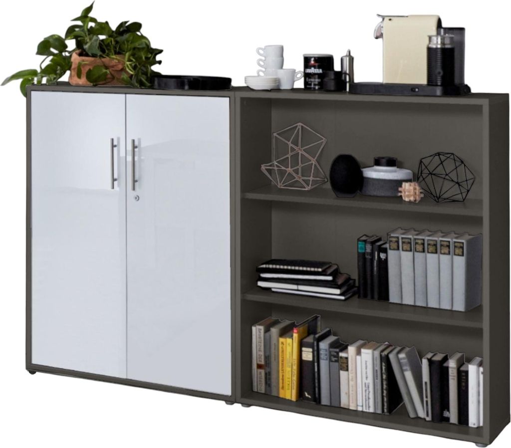 Aktenschrank TABOR 1 niedrig in anthrazit / weiß Hochglanz, Schrankwand, Büroschrank, abschließbar, Metallgriffe