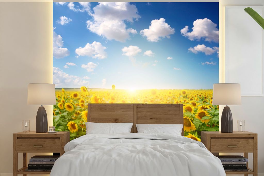 MuchoWow Fototapete für Wohnzimmer oder Schlafzimmer Wandtapete Vinyl Motivtapete Sonnenblume - Sonne - Wolken - 280x280 cm - Hintergrundbild