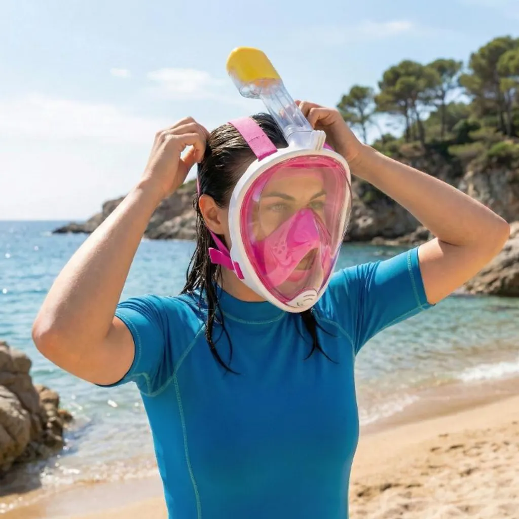 Masque de plongée anti-buée vision 180° rose avec support GoPro S/M