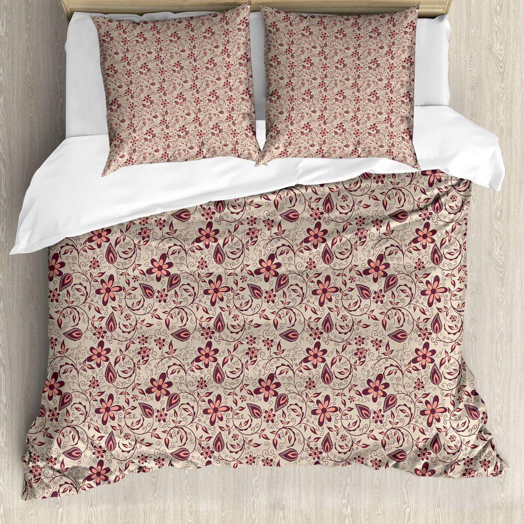 ABAKUHAUS Blumen Bettbezug, Blühender Frühling Retro, Milbensicher Allergiker geeignet mit Kissenbezügen, 155 cm x 220 cm - 80 x 80 cm, Tan Cora...